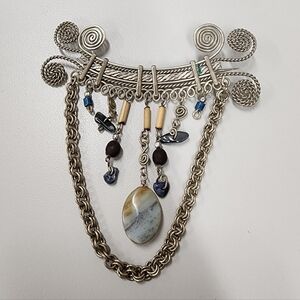 Vintage Peruvian Artisan Dangle Brooch Pin Silver-tone Handmade Stone